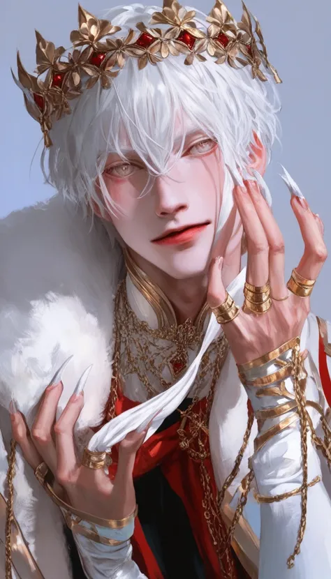 A male，  Long White Hair ，The red prince ，vampire， with a sparkling crown ， slender, good-looking hands， long nails ， looks into the camera with cold eyes，Hands with diamond rings ，High-end， young and energetic， Good condition ，Very handsome脸瓜子脸，White luxu...