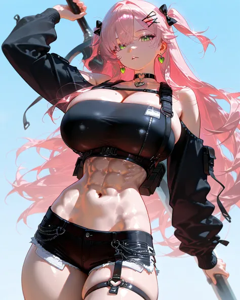         8k wallpaper、masterpiece、最              high quality            、              high quality            、             with very aesthetic aprons,             absurd,  up to date,            Female 1 person 、  Ncle、 green eyes、 pink hair with a scar、...