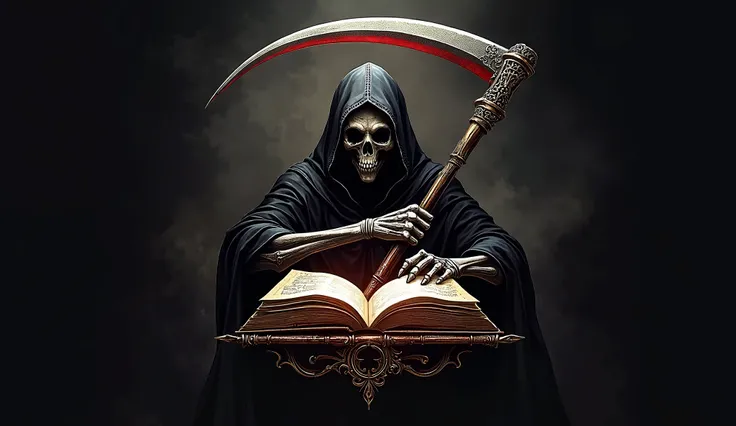 gaming logo that features a grim reaper and a book that has primarily black coloring with red and white highlights and gold accents