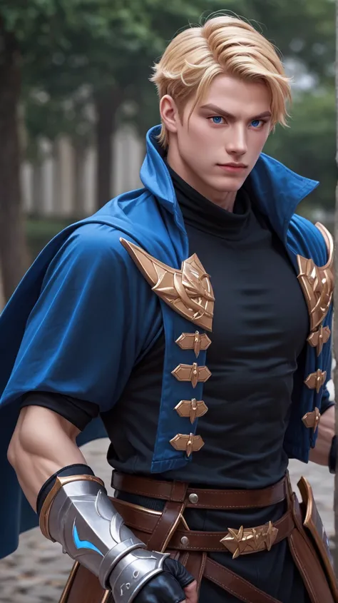 1boy, solo, alucard, male muscular, blonde hair, blue eyes, black shirt, blue cloak, high collar, gloves, hand armor, outdoors, dynamic action pose, upper body