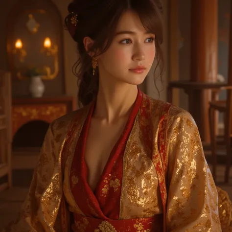 A highly detailed, photorealistic depiction of an East-Asian woman in a medieval-style robe. The robe is richly decorated with intricate patterns of gold and floral embroidery, crafted to appear luxurious and flowing. She is in a serene indoor setting, wit...