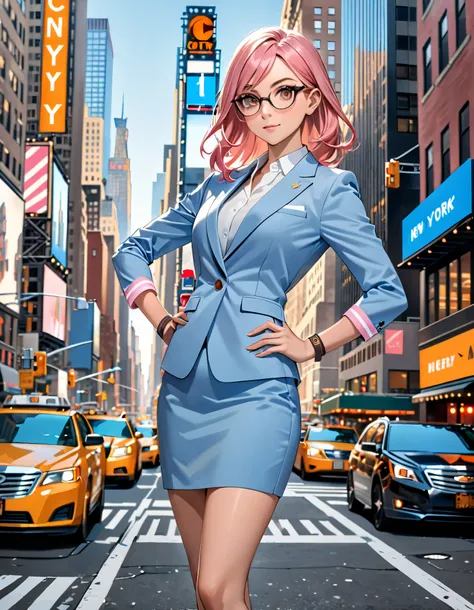 masterpiece, best quality, hires, highly detailed, 8K. Beautiful and pink-haired, light brown eyes, waist-length hair, (glasses, light blue skirt suit, pencil skirt, miniskirt, high heels), (bare legs), (matching wrist bands), (hand on hip, perfect hands),...