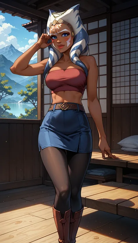 score_9, score_8_up, score_7_up, (cartoon style:1.2), Cartoon image of a beautiful woman, mature woman, beautiful waifu, (Ahsoka Tano:1.2), (tube top:1.3), (skirt, leggings, belt, boots:1.2), flirt, sensual, highly detailed face, (inside Japanese dojo:1.2)...