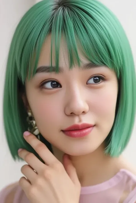 32K, masterpiece,  top quality, ( beautiful Korean women)  green hair,  Bob Haircut , bangs,  soft writing, Flower Tattoo,  Bound shoulders  ,  Pink Tops ,  realistic skin texture,  detailed eyes ,  3D rendering ,  Photorealistic,  high detail, soft glow, ...