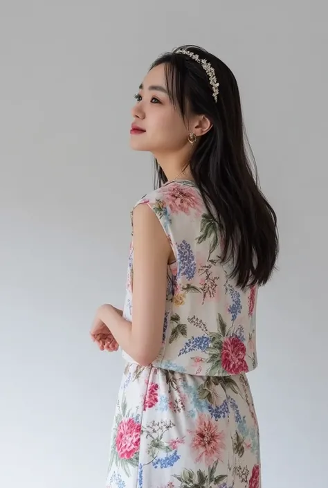 32K, masterpiece,  top quality, ( beautiful Korean women)  soft writing, Floral Dress,  pastel colors,  Hair Accessory, blue hair stripes , Vintage Style,  porcelain-like skin,  dreamy atmosphere,  oil painting aesthetic,  romantic , Mysterious,   Details,...