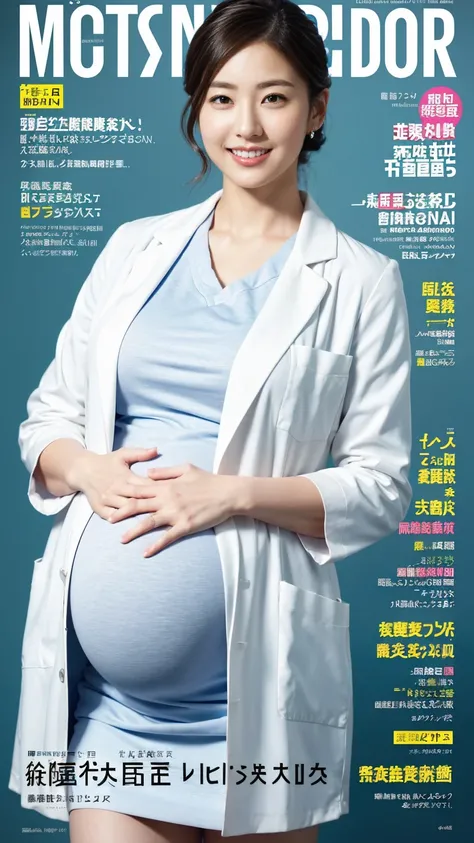 (Masterpiece,High Quality),(clear shots) ,  Japanese ,Woman,chignon hairstyles ,(huge breasts),(huge pregnant),(looking at the front), wallpaper, sweet smile, actress, doctor white coat, formal button shirt, and pencil skirt, magazine cover page, stethosco...