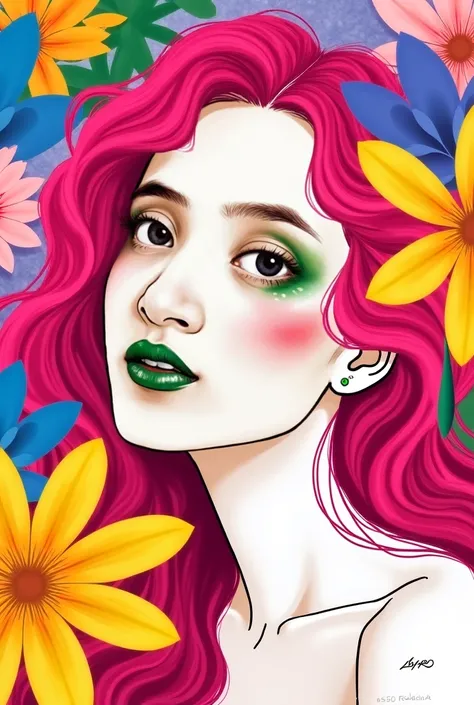 Vibrant semi-abstract portrait of a young woman surrounded by large, colorful flowers. Her face featured smooth, exaggerated lines and soft gradients, with very bold makeup—green lips, and bright blue eyes with thick lashes. Her flowers, in shades of yello...