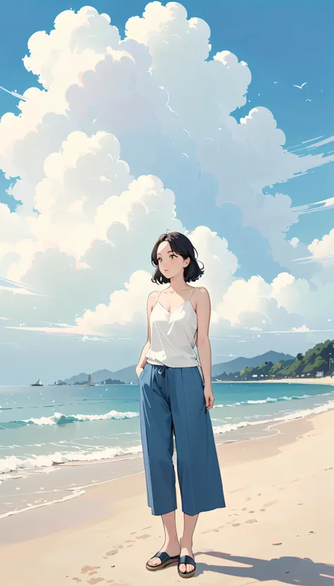  Santiago Carso style ， Alessandro Gottardo's Style,  flat coating , (( best quality)), illustration,  Eva Poklevska as Mike Azevedo＝Gojewo，Cartoon doodles ，  standing on the beach 、 White Clouds ，whole body, 30 years old, japanese, casual wear, one woman,...