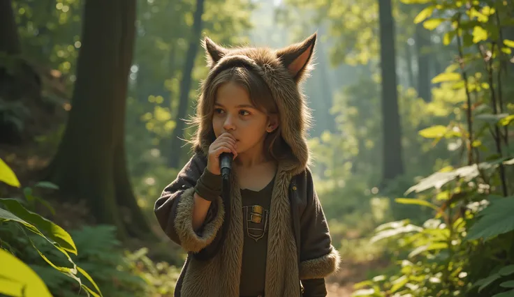 Realistic boy wearing wolf clothes, Singing with microphone in the forest