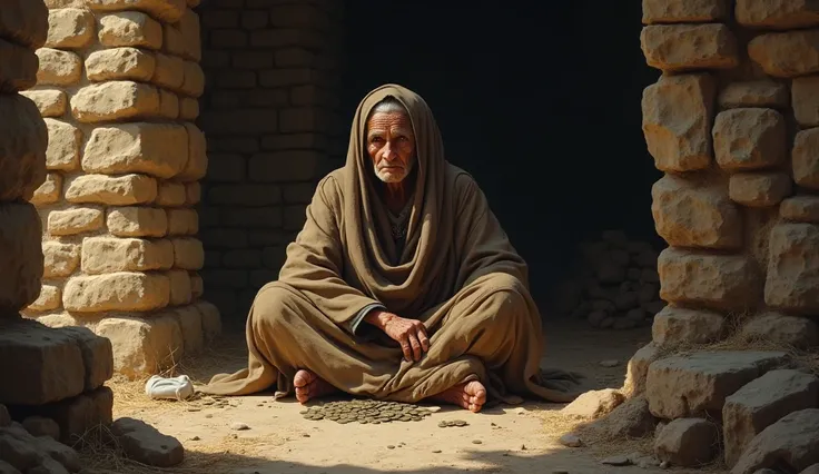  Judas in a house from the time of Jesus ,  Of rocks, Mortar and straw , Very poor old white , Count the coins, She looks sad and says: I betrayed innocent blood.