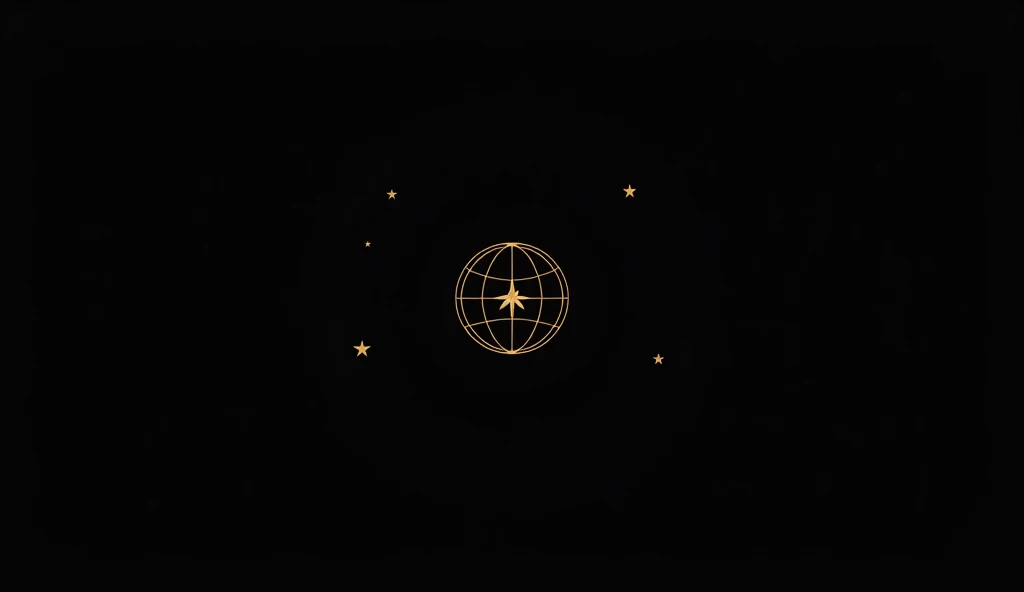  A minimalist and luxurious logo featuring a globe with elegant gold lines on a black background .  The left side of the outer line of the globe is composed of five equally spaced golden stars,  while the right side of the globe has a single gold star in t...