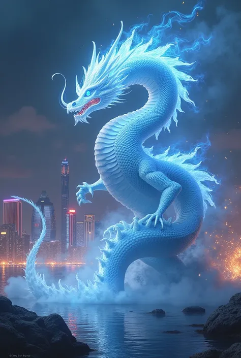 Fighting Dragon of Macau. A white-blue,  emerges from his mouth , The shiny dragon with flames .  He rises up against a dark sky with sparks in the air.