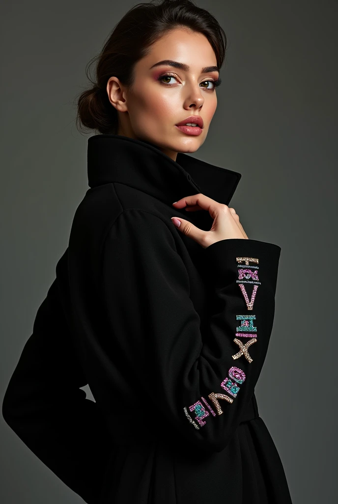 European woman model wearing in a beautiful black coat with vibrant  rhinestones on the sleevs. V&K lettering along the sleeve