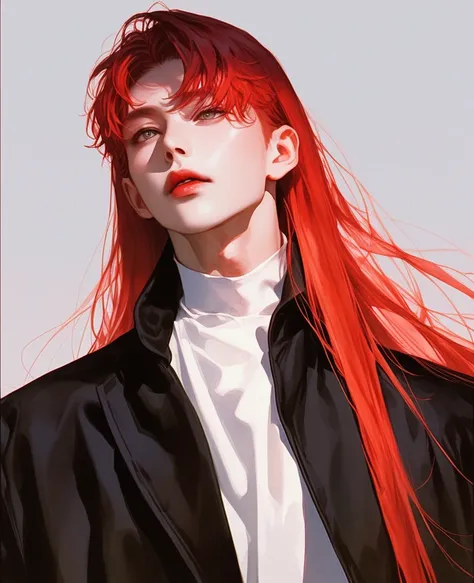 Korean comics，Comic lines，watercolor漫画，Line Art，watercolor，Boys，black jacket high neck， high school students ，Red long hair， grey eyes ，Thick lips， pure black background 