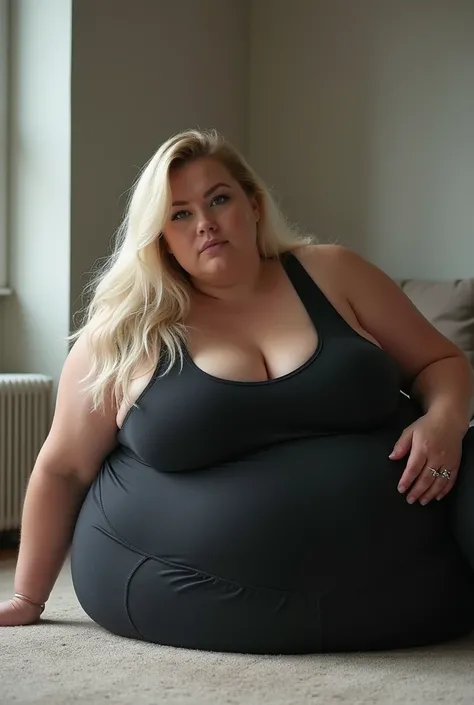 plus-size model wearing tight athleisure apparel, white woman, elegant blonde hair, beautiful face, perfect face, massive body, laying down on the floor, too fat to stand up, morbidly obese, weighs 1000 lbs, extremely overweight, extremely wide hips, wides...