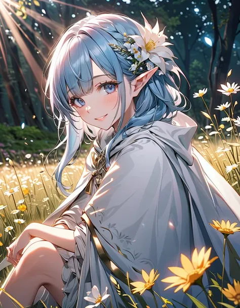 ( best quality),( Masterpiece ),((Elf)),  Delicately Drawn Face  ,花が咲く野原に座っている、 1 girl with long blue hair sitting in a field blooming with flowers , beautiful detailed light blue eyes,((White Cape)),A sense of depth,  disorganized , Catchlight , movie lig...