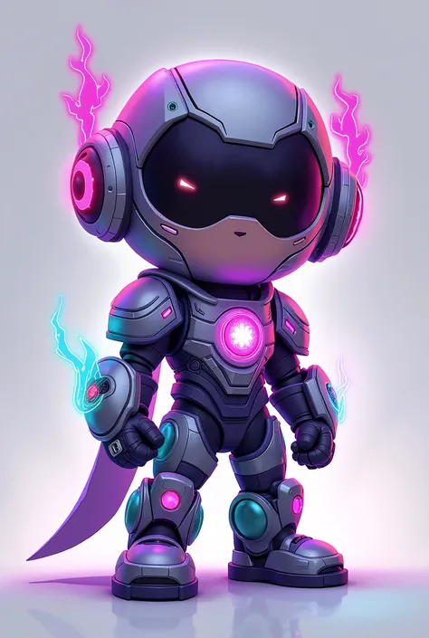 "Create a unique, small, and charming superhero character as the main protagonist of 'Soundfuse.' The character should have a playful yet heroic appearance, blending futuristic music-inspired elements with a cute and approachable design. Focus on rounded, ...