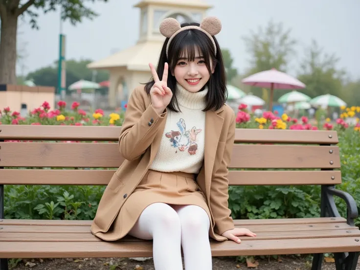 a 18-year-old Japanese woman (short black straight hair, bangs reaching to eyebrows, boyish, with ears sticking out, Brown eyes), wearing a brown jacket, a white sweater with a graphic design, a brown skirt, white knee-high socks, and black platform shoes,...