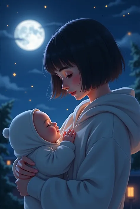 nice moonlight、Short bob woman holding a baby in a cute white hoodie