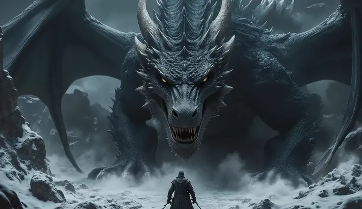 Huge black dragon, in a dark snowy gorge, sits in his huge cave, lava gets angry