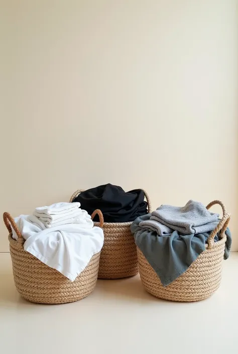 an image where white clothes, black clothes and colored clothes are separated into three baskets