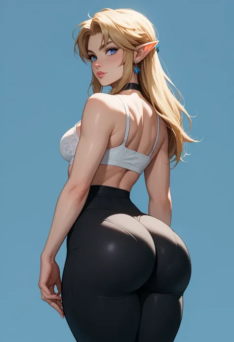 link, Young, blonde,  long hair ,  blue eyes,  feminine expressions,  thin waist,  tough ass , bunda grance,  thick thighs, curvy body , wearing a black leggings ,  white bra and choker,  focus on the ass, behind,  looking back