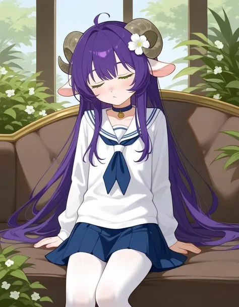 1 femboy, anthro, woolry, wool, fluffy wool Антропоморфный баран-парень, choker,  light skin  , purple hair ,  green eyes, （navy blue skirt and shirt ,  tights） flower garden,  long hair,  in the room , On the sofa, sleeping.