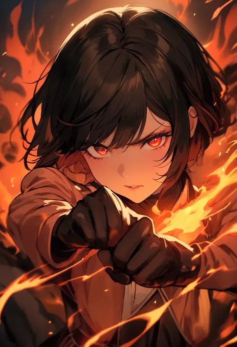 1. Pretty girl, 20s,  glamour,  Super Fine , masterpiece,  high quality,  beautiful, Martial arts feel, lava field,  wears fighting gloves on their hands, Red eye, Combatant Nation , Flames are swirling in the hands, Martial arts pose 