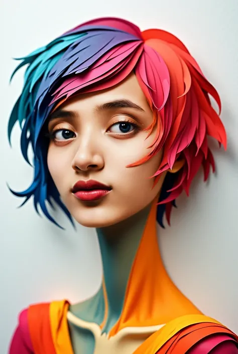 Generate portrait woman short hair who made from colorful paper 