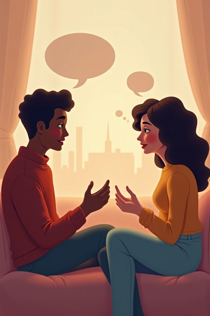 Create an image that symbolizes the importance of sexual communication in a healthy relationship. The scene should show two people of diverse ethnicities and body types, sitting comfortably in a cozy, intimate setting, engaging in a calm and open conversat...