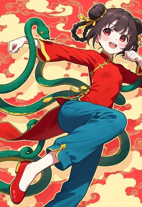 A young girl dressing in a traditional Chinese outfit, red long-sleeved shirt, blue pants, red shoes,commanding snakes to dance,