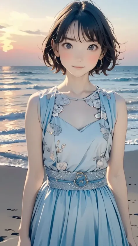 one girl, (12years old:1.4),(Very Young Face), (japan Person famous idol), face, cute face, ash gray hair:1.5, bob hair, short hair, camera's line of sight, small breasts, An ennui look, (dress:1.4) , particles of light, sea of ​​sunset, calm sea, white sa...