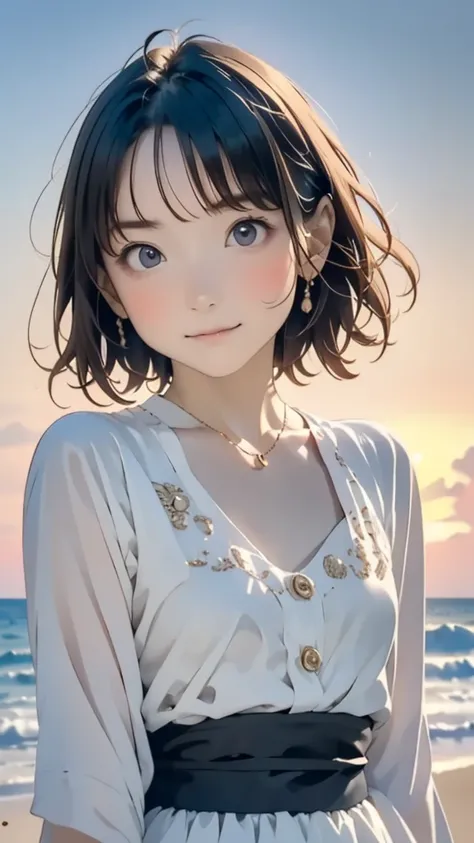 one girl, (12years old:1.4),(Very Young Face), (japan Person famous idol), face, cute face, ash gray hair:1.5, bob hair, short hair, camera's line of sight, small breasts, An ennui look, (dress:1.4) , particles of light, sea of ​​sunset, calm sea, white sa...