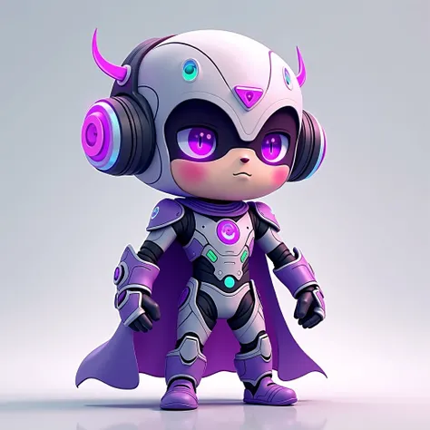 Create a unique, small, and charming superhero character as the main protagonist of 'Soundfuse.' The character should have a playful yet heroic appearance, blending futuristic music-inspired elements with a cute and approachable design. Focus on rounded, s...