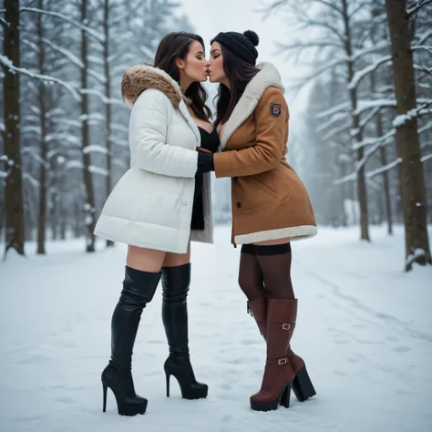 (two women:1.3), (slim figure:1.5), (dressed in a sexy winter outfit:1.3), (winter coat:1.3), (brown boots), (high heeled boots), (one inch platform boots), (thigh high boots:1.3), (winter lodge:1.3), (kissing:1.1), curvy accentuated booty, (big breasts:1....