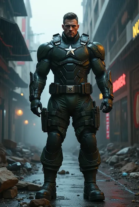 ((( body masterpiece, DC Comics, Captain America the Dark Knight ))), street alley, garbage, rain, Future soldier, aggressive, big,  strong,  Visions, (( Captain America Vision Future Soldier , Wear military camouflage uniform)))  Advanced Technology , Hig...