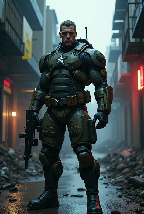 ((( body masterpiece, DC Comics, Captain America the Dark Knight ))), street alley, garbage, rain, Future soldier, aggressive, big,  strong,  Visions, (( Captain America Vision Future Soldier , Wear military camouflage uniform)))  Advanced Technology , Hig...