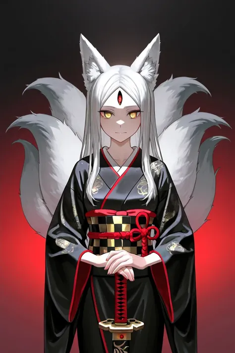  A white-haired nine-tailed fox wearing a black gold kimono, Hair and waist with red gradient at the tail，Has golden pupils，And there's a red third eye on his head，Wearing a large Japanese sword that emits a faint white light，