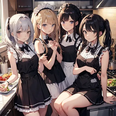 A group of maids, (in kitchen), various hair styles, harem, wearing maid uniform, night, details face, , short skirt, seducing, sleeveless , night, starry night, armpits 