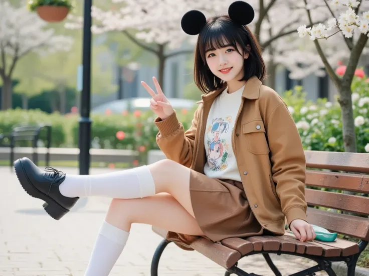 a 18-year-old Japanese woman (short black straight hair, bangs reaching to eyebrows, boyish, with ears sticking out, Brown eyes), wearing a brown jacket, a white sweater with a graphic design, a brown skirt, white knee-high socks, and black platform shoes,...