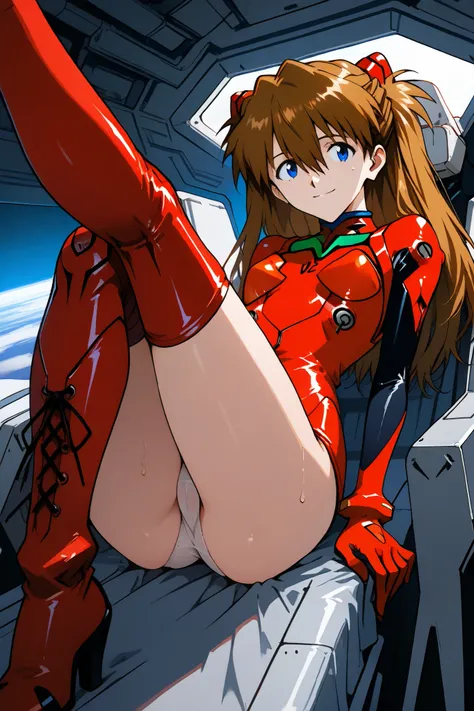 asuka_langley,1 female,solo,looking at the scenery,smile,
I_,wet brown hair,viewer,blue eyes,long hair,hair between the eyes,beautiful eyes,more detailed hair,

lace up boots,thigh-high boots, spacesuit（1.3）,white panties,high heels,elbow gloves,

starship...