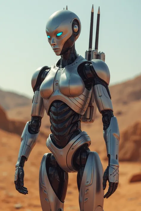 A sleek humanoid android, in mars (city), designed for combat and reconnaissance, with a metallic silver body, glowing blue eyes, and agile limbs, equipped with built-in weapons and tools to assist the resistance.