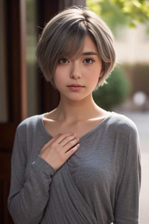 gray-haired girl,  short hair ,  cute,  shame, Shy , Small lips, Long sleeves that cover half of the back of the hand, I'm putting my hands together in front of my chest, 