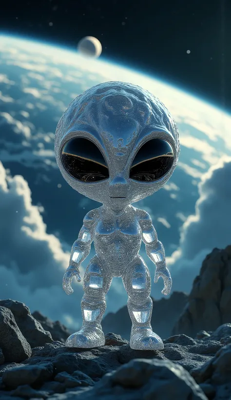 an alien made of crystal::2 big shiny black eyes, soulful eyes::planet in the background