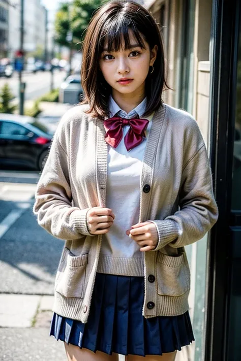 masterpiece,  absurd,  high resolution, need,  Details, best quality, quality,  Detailss, High  Detailss,  accurate,,Ayase Momo, catalyst_wz, medium hair, brown hair, brown eyes, large breasts, shocks, red bowtie, , Pink cardigan, long cardigan, long sleev...