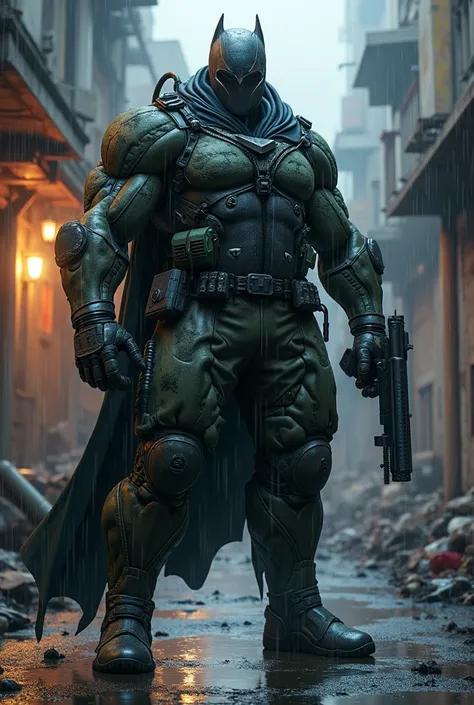 ((( body masterpiece, DC Comics, Spider-Man the Dark Knight ))), street alley, garbage, rain, Future soldier, aggressive, big,  strong,  Visions, (( Spiderman Vision Future Soldier , Wear military camouflage uniform)))  Advanced Technology , High-tech weap...