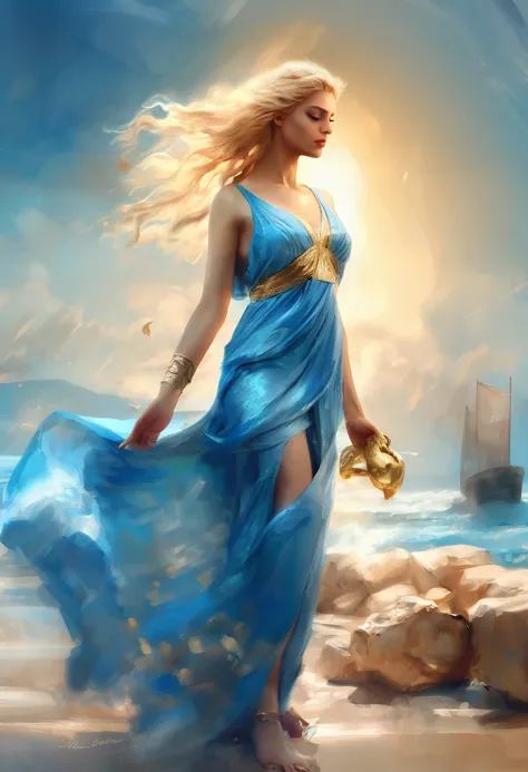 willem Haenraets style 8k ULTRA HD 3D arafed woman in a blue dress on a beach with a statue in the background, beautiful goddess, greek goddess, karol bak uhd, goddess of greek mythology, aphrodite goddess of love, goddess of the ocean, gorgeous goddess of...