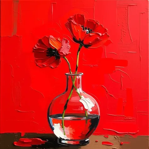 "Create a bold still-life painting of a single red poppy flower in a round, transparent glass vase filled with water. Use an impasto technique with thick, expressive brushstrokes. The background should be a striking monochromatic red with subtle tonal vari...