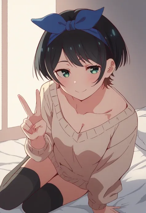 score_9, score_8_up, score_7_up, source_anime, ((nsfw))
rukasarashina, ruka sarashina, short hair, bangs, black hair, ribbon, green eyes, hair ribbon, hairband, blue hairband,
 black thighhighs、
sitting on the bed, v sign, holding used condom, half closed ...