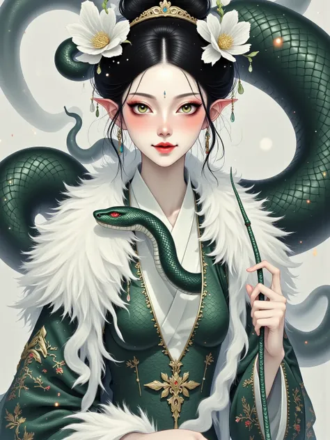  Movie Posters ,  Chinese ink painting style , heavy black brushstrokes , Powerful,  an honest old girl with a square chin and broad shoulders ,  a luxurious fur coat ,  surrounded by ethereal roaring ink giant snakes,  clean white background, Soft,  minim...